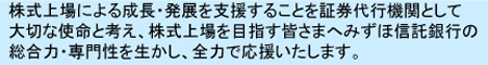 株式上場による成長・発展を支援することを証券代行機関として大切な使命と考え、株式上場を目指す皆さまへみずほ信託銀行の総合力・専門性を生かし、全力で応援いたします。