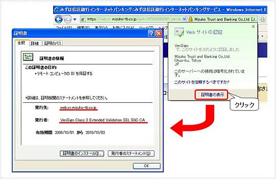 証明書に以下の内容が表示されることを確認　発行先：web.sv.mizuho-tb.co.jp　発行者：VeriSign Class 3 Extended Validation SSL SGC CA　「Webサイトの認証」画面の[証明書の表示]をクリックすることで、証明書の内容からも本物のサイトであることを確認することができます。