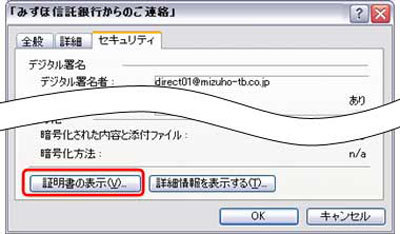 「みずほ信託銀行からのご連絡」ウィンドウが開くので、「証明書の表示」をクリックしてください。