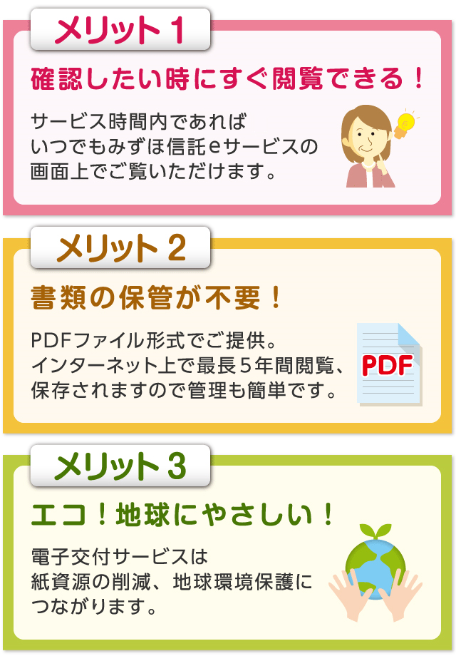 メリット1 確認したい時にすぐ閲覧できる! サービス時間内*であればいつでもみずほ信託eサービスの画面上でご覧いただけます。 メリット2 書類の保管が不要! PDFファイル形式でご提供。インターネット上で最長5年間閲覧、保存されますので管理も簡単です。 メリット3 エコ!地球にやさしい! 電子交付サービスは紙資源の削減、地球環境保護につながります。