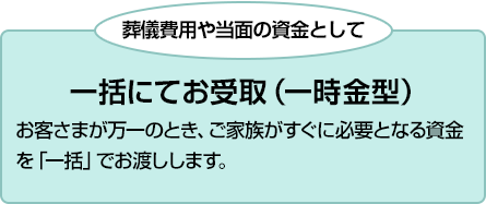葬儀費用や当面の資金として 一括にてお受取(一時金型) お客さまが万一のとき、ご家族がすぐに必要となる資金を「一括」でお渡しします。